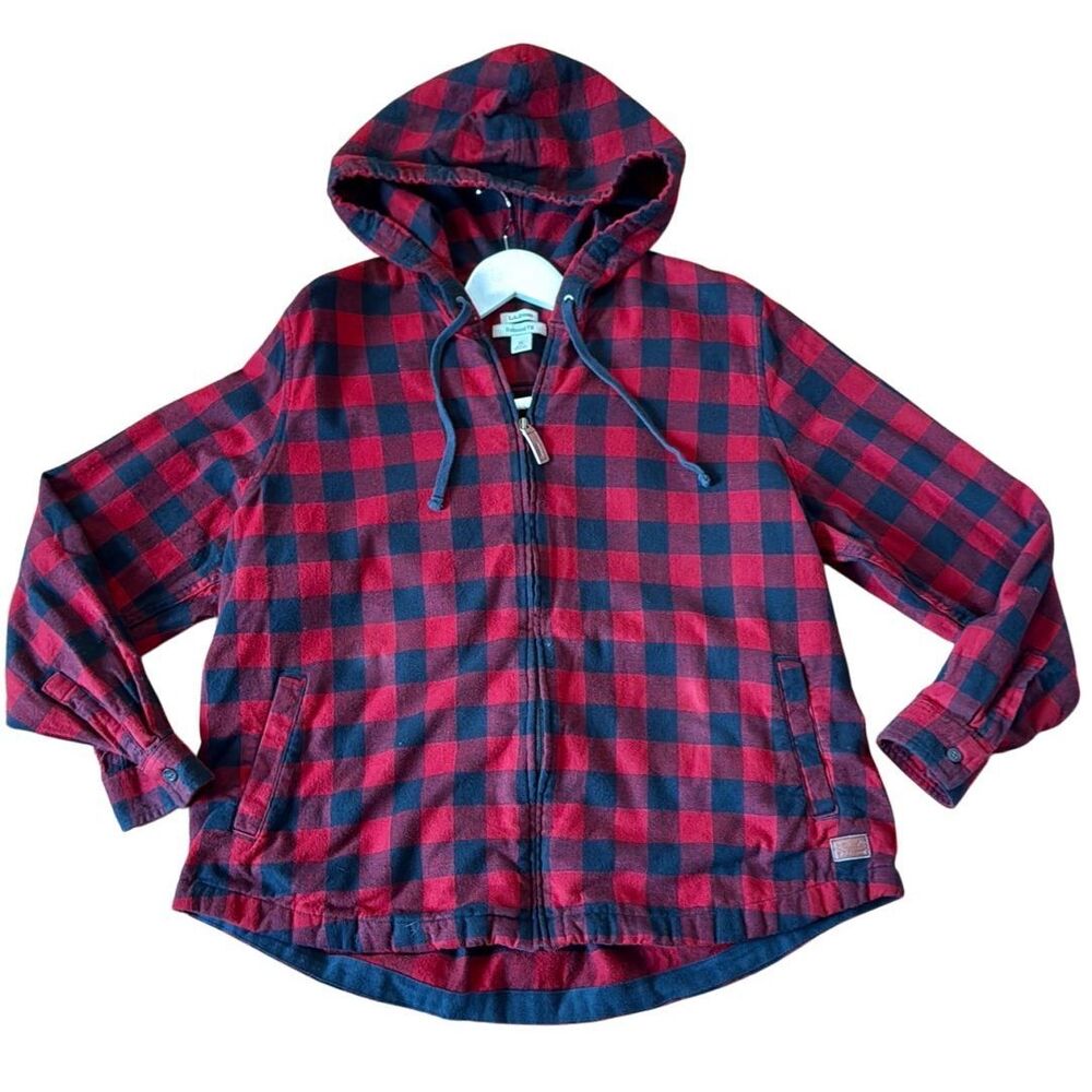 L.L. Bean Red and Black Plaid Hooded Sweater